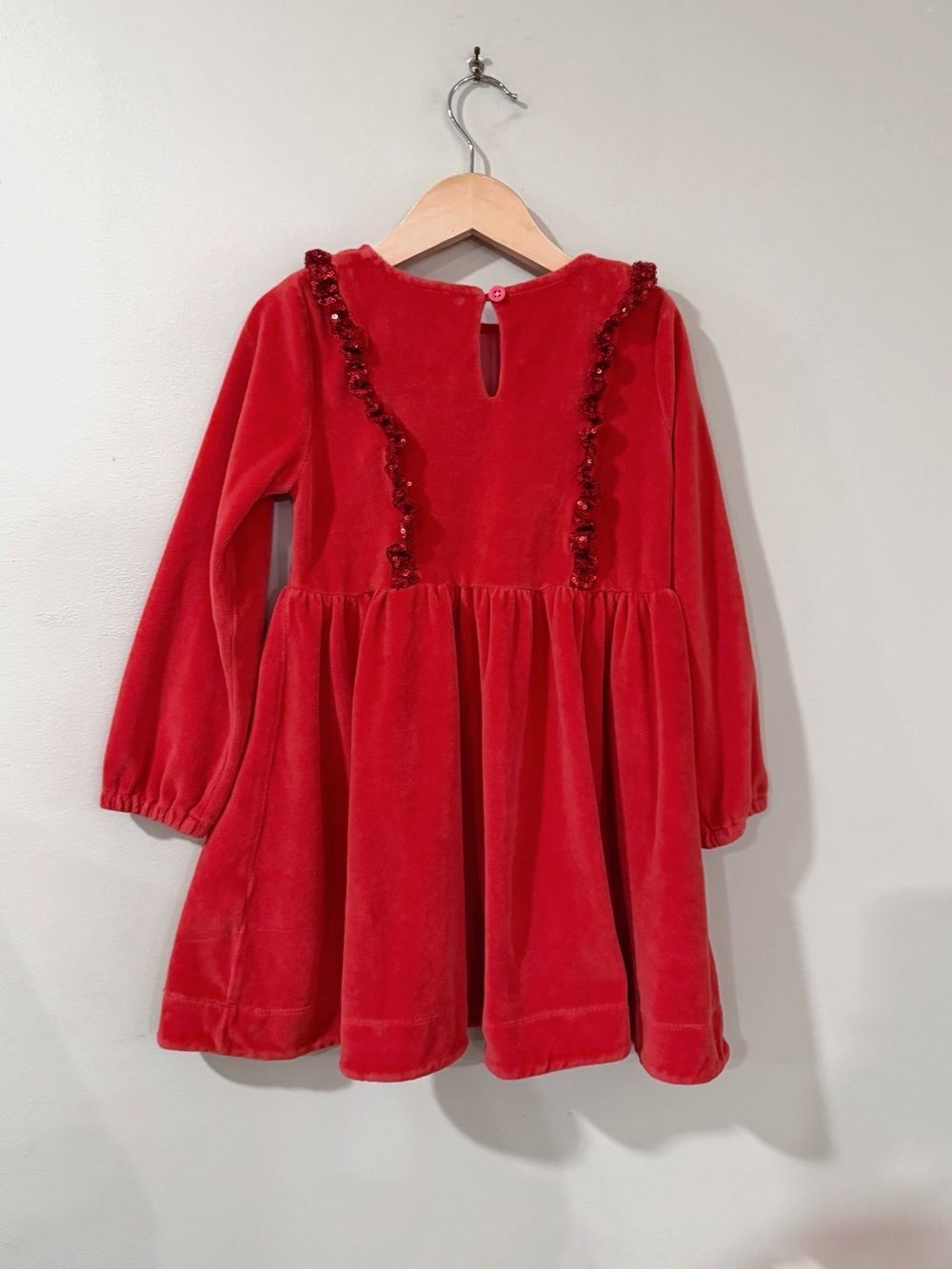 Mini Boden Girls 4-5Y Red Velour Sequin Ruffle Dress Holiday Party Cute - Picture 2 of 7